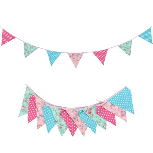 Image of Zwiebeco 32Ft Pink Blue Circle Dots Floral Fabric Bunting Triangle Flags Cotton Flowers Pennant Banner Decorations for Birthday Wedding Engagement Tea Party Spring Rustic Village Home Garden Decor