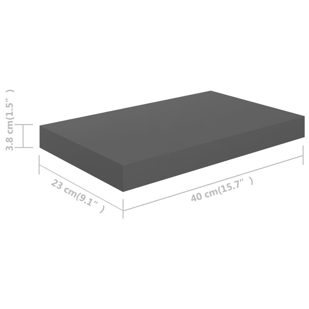 Półki wiszące, 4 szt. szary wysoki połysk, 40 x 23 x 3,8 cm, płyta MDF, zestaw półek ściennych z niewidocznym uchwytem, stabilna półka ścienna na książki i dekoracje, trwały regał wiszący