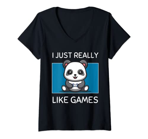 Mujer Lindo panda kawaii Me gustan mucho los juegos de estética kawaii Camiseta Cuello V