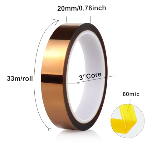 Image of BOMEI PACK 6 Pack 20mm x 108ft Polyimide Tape High-Temperature Resistant, No Residue Heat-Resistant Tape for Electric Task, 3D Printing, Soldering, Sublimation, Masking