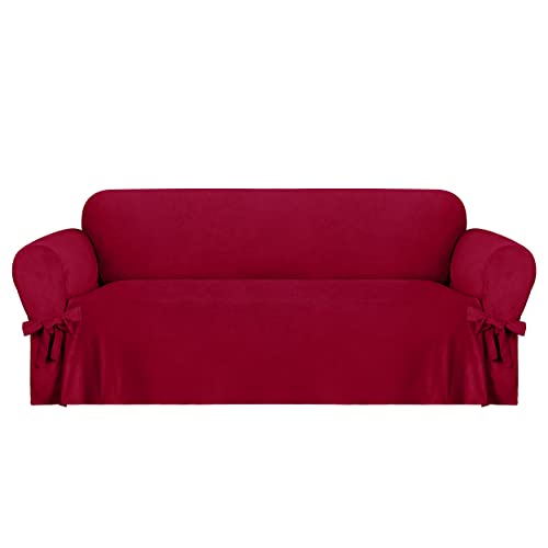 Image of Easy-Going Velvet Couch Covers for 3 Cushion Couch Sofa, Luxury Velvet Sofa Cover with Ties, One Piece Sofa Slipcover for Living Room (Red, Sofa)