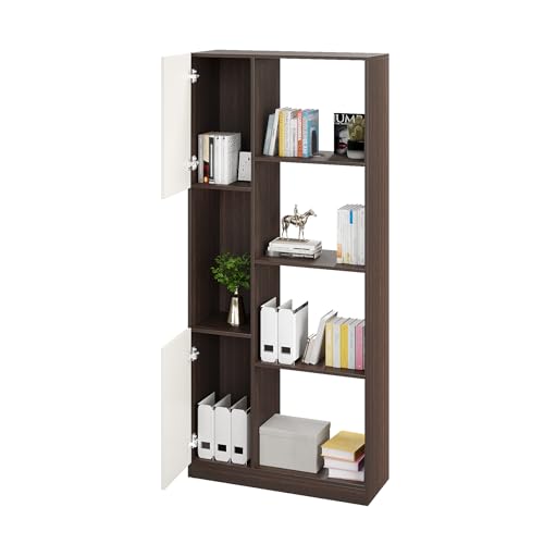 Image of FURNEASER Bookaura Wooden Bookshelf with Doors, Multipurpose Bookcase Storage Organizer for Living Room Modern Wooden Book Shelf Cabinet, Display Rack for Books & Decor (Wenge & White)