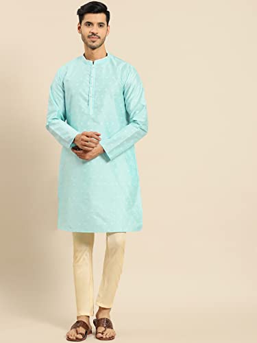Image of Men's Navy Blue Cotton Festive Wear Regular Fit Woven Design Kurta | Indian Wedding Wear Kurta | Festive Ethnic Kurta