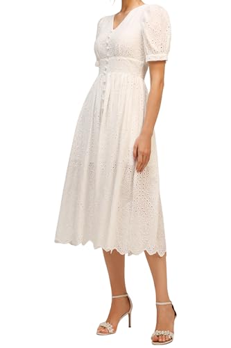 Embroidered Midi V Neck Puffed Sleeves Mesh Dress Button Front Scalloped Hem Cinched Waist Garden Party Dress