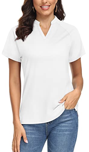 TACVASEN Ladies Polo Shirt Workout Gym Top Short Sleeve Sports Tops Lightweight Swimming Shirts V Neck Tops White,XL
