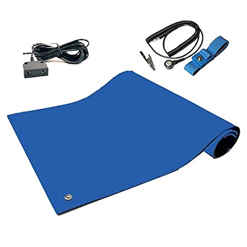 Image of RubberStat Dual Layer ESD Compliant Workstation Rubber Table Mat Kit, Soldering, Cell Phone Repair, with Wrist Strap Set and Ground Cord - 24 inchx36 inch Royal Blue