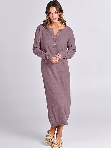 Image of ANRABESS Women Long Sleeve Button V Neck Oversized Casual Loose Fit Waffle Knit Fall Midi Sweater Dress 2026 Trendy Outfits