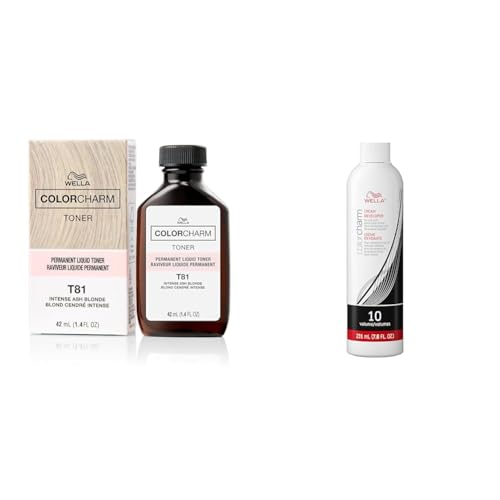 Bundle of WELLA colorcharm Permanent Liquid Toners, Neutralize Brass, Free of Parabens, Vegan, T81 Intense Ash Blonde + 10 Vol Cream Developer Bundle