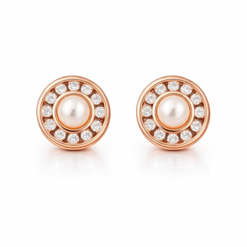 Image of Nilu's Collection Rose Gold Plated Triangular Design Pearl Stud Earrings With American Diamond for Women And Girls | Gift For Her | Anti- Allergy |Anti-Tarnish | Office Wear