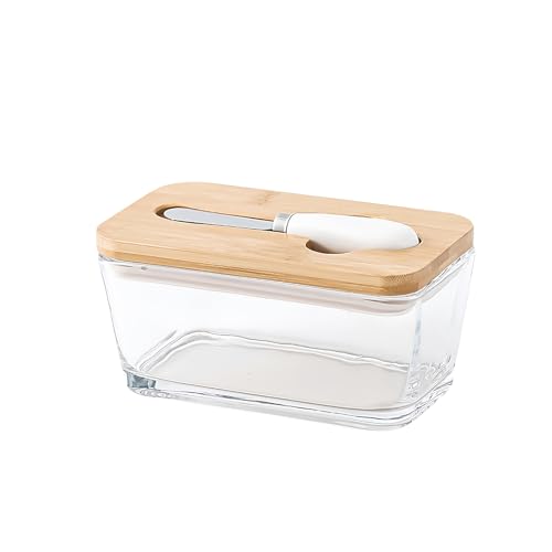 Riuuyyiバターケース カッター付き 木製蓋付き 600ml ガラス風 クリア容器 バターナイフ付き 保存容器 おしゃれ 北欧風 キッチン収納 調味料容器 (A)