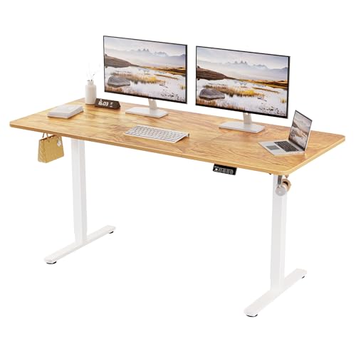 Image of ERGOMAKER 63 inch Electric Standing Desk, Adjustable Height, Sit Stand Up Desk for Home Office & Computer Workstations, Memory Controller, Light Rustic Brown