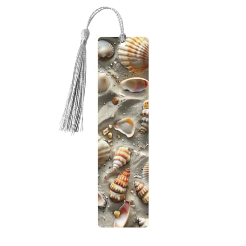 貝殻サンドプリント タッセル付き木製しおり 読書ページマーカー ブックマーク 男性/女性へのギフトに