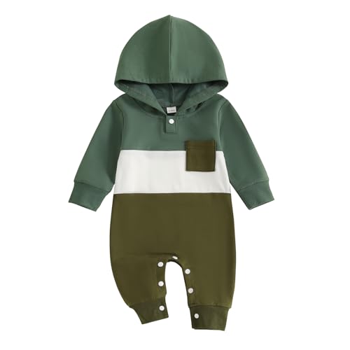Image of BemeyourBBs Newborn Baby Boy Clothes Color Block Long Sleeve Zipper Hooded Romper with Pocket Fall Winter One Piece Outfits