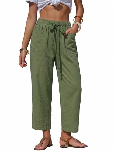 EXLURA Womens Summer Faux Linen Striped Barrel Pants Comfy