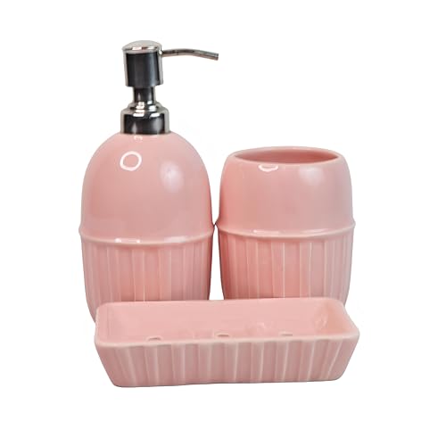 Image of Ceramic Bathroom Accessories Set for Utility and Bathroom Decor | Liquid Soap Dispenser, soap Tray, Toothbrush Holder (Exclusive Bathroom Set) (Pink)