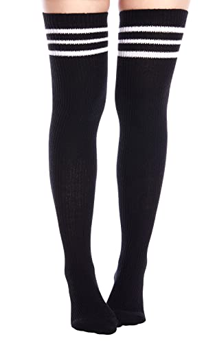 Moon Wood Damen Extra Lange Thigh Highs Socken Overknees Strümpfe Schwarz mit Weiß Gestreifte, Überknie Kniestrümpfe Oberschenkel Hoch Strümpfe...