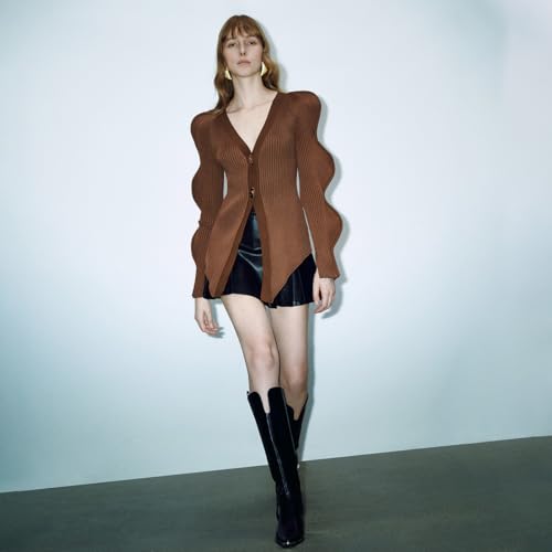 URBAN REVIVO Women Knitted Cardigans Long Sleeve V-Neck Lightweight Sweater One Leaf Button Down Outwear