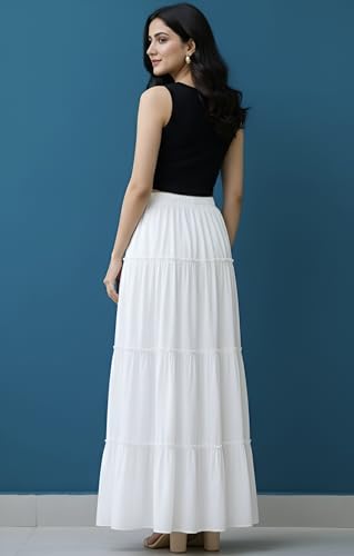 Image of Women's Rayon Full Length Maxi Skirt | Solid Black & White Regular Fit Skirt with Elasticated Waistband and Drawstring