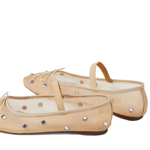 Women's Sheer Mesh Ballet Flats, Rhinestone Embellished, Bow Accented Toe with Elastic Mary Jane Strap, Elegant Comfortable Dressy Flats4