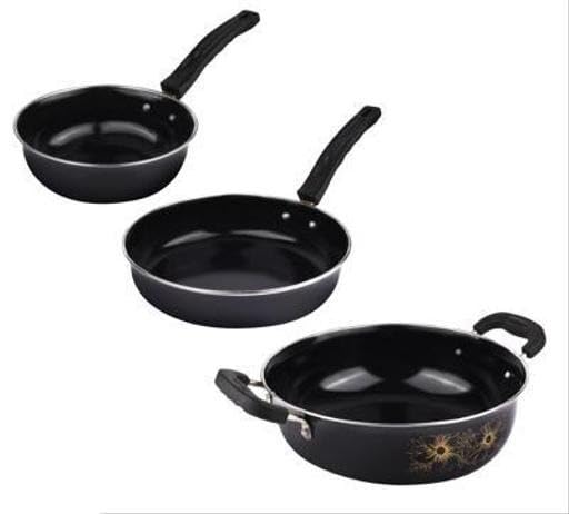 Image of 5 Piece Cast Iron Induction Non Stick Cookware Set Kadai Fry Pan Tawa Saucepan Tadka Pan Kitchen Durable Use Black Free Size