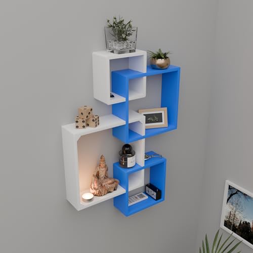 Image of ETIQUETTE ART Floating Cube Shelves - Intersecting Wall Mounted Shelves - Wall Decor Square Shelves for Bedrooms, Living Rooms & More - Set of 4 Box Shelves (Blue & White)