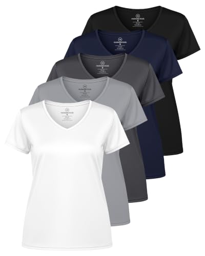 Image of Real Essentials 5 Pack: Women's Dry-Fit Short Sleeve V Neck T Shirt Workout Fitness Yoga Top Tee (Available in Plus Size) | Available In Plus Size, Short Sleeve Moisture Wicking Stretch Activewear Running Hiking Tennis Pickleball Sports Exercise