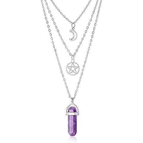 KAYZON Gothic Moon Pentagram Multi Layer Necklaces, Natural Amethyst Healing Crystal Stone Balancing Jewelry Set, Boho Chic Charm Crescent Chain for Women Girls Halloween Christmas Gift Cover