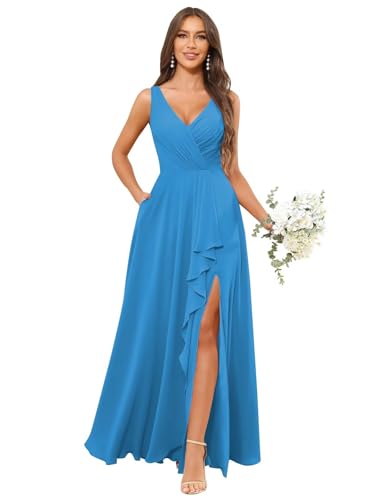 Image of HANVAIOS Long Chiffon V Neck Bridesmaid Dresses for Women Formal Dress with Pocket