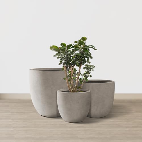 Kante 20",16.5",13.4" Dia Round Concrete Planters (Set of 3), Outdoor Indoor Modern Decorative Garden Pots with Drainage Hole & Rubber Plug for Home & Garden, Weathered Concrete - Image 3
