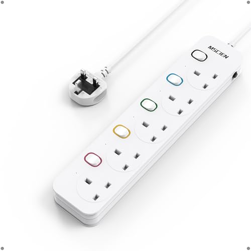 Mscien Short Extension Lead 1M 5 Way Wall Mounted 1M Extension Lead 5 Gang Switched with Multiple Protection Fused Power Strip with Indicator Light Suitable for Home Office and Kitchen 13A/3250W