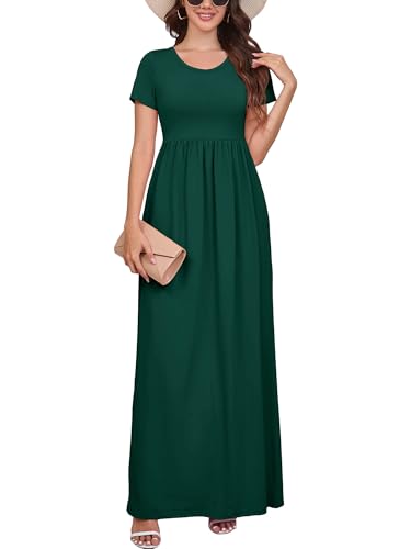 DEARCASE Maxi Dress for Women Dark Green Large Crewneck Short Sleeves Wedding Guest A-line Casual Loose Party Vintage Spring Summer Beach Long Dresses with Pockets