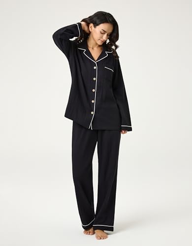 Image of BESTOUCH Womens Pajama Sets: 100% Cotton Muslin Linen Feel | Button Soft Comfy Breathable Classic Sleep Pjs 2 Piece