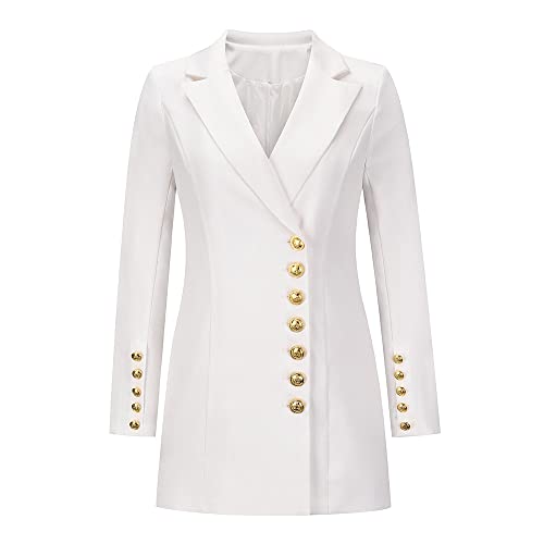 SASIGAYA Damen Blazer Kleid Frauen Elegant Langarm V-Ausschnitt Einreihiger Taillenkleid Business Lange Hülse Büro Jacken Knopf Anzug Kleid (Weiß) Cover