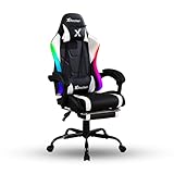 X Rocker Achiever PC Video Gaming Chair, RGB LED Lighting, Adjustable Ergonomic Office Desk Chair for Computer Gamers with Wheels, Black & White, Gifts for Gamers