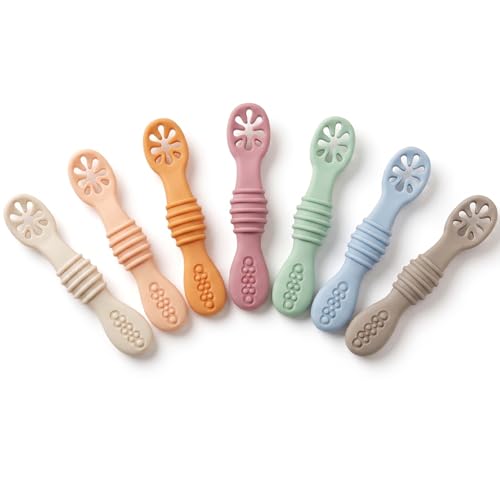 PandaEar Pack de 7 Cucharas para Bebé, Utensilios de Silicona Suave para Autoalimentación, Cuchara de Entrenamiento de Primera Etapa de Silicona Libre de BPA con Mango de Fácil Agarre