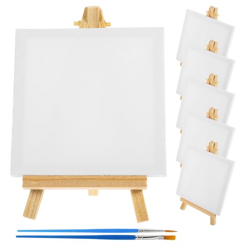 Didiseaon Kit de Pintura Mini Caballetes y Lienzos para Pintar para 6 Caballetes de Madera y 2 Pinceles Soporte de Pintura Portátil para Manualidades y Dibujo Artístico Adecuado para
