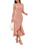 Dressystar 2026 Women’s Square Neck Midi Wedding Guest Dress Sexy Slit Ruffle Bodycon Sleeveless Formal Cocktail Dresses Blush L