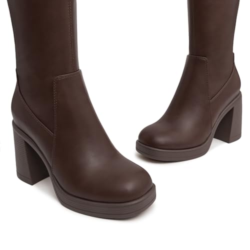 Athlefit Knee High Boots for Women Square Toe Platform Chunky Heel Stretchy Tall Boots with Side Zipper4