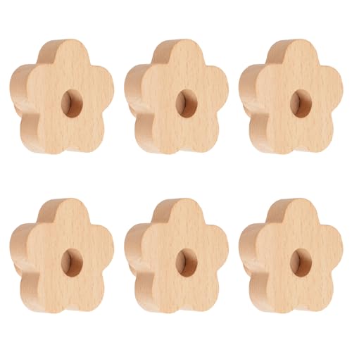 MOROBOR Flower Shaped Wooden Knobs 6pcs Natural Handmade Wood Knob Single Hole Beech Wood Handles for Drawer Wardrobe Cabinet Dresser with Screws& Expansion Tube