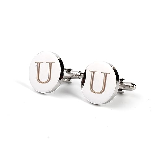 Image of Mens Initial Silver Cufflinks A-Z Alphabet Letter Steel Cuff Links with Engraved Walnut Wood Box Groom Groomsman Wedding Set
