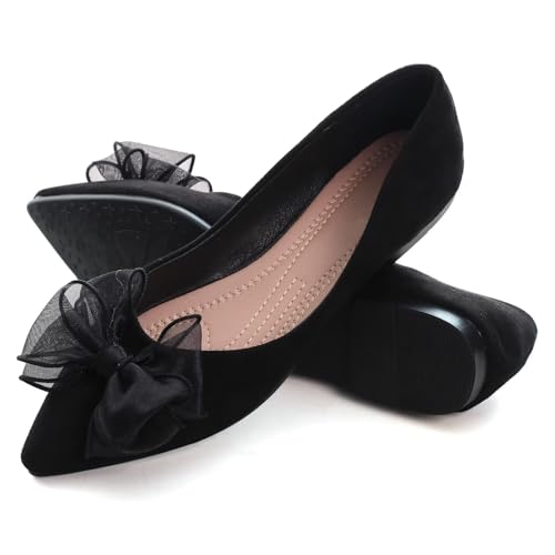 Image of SAILING LU Womens Bowknot Ballet Flats Pointy Toe Suede