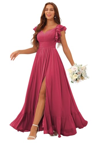 Image of Clothfun Ruffle Sleeve Elegant Bridesmaid Dresses Long Chiffon Formal Dress CYN007
