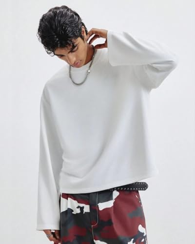 Image of Full Sleeve White & Black Cotton Oversized Solid Men's T-Shirt | Crew Neck Relaxed Fit Long Sleeve Tee | Breathable Winter Layering Essential | Sizes S to XL | TS115-BLK-S