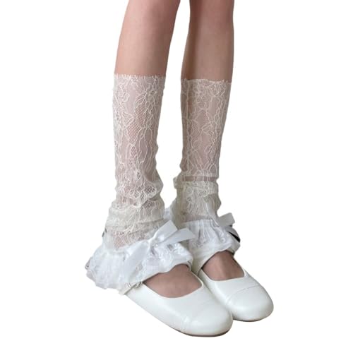 Image of SOLILOQUY Women Y2K Ruffle Lace Leg Warmer Kawaii Lolita Long Thigh High Socks Harajuku JK Tiered Sheer Tulle Boot Cuff Cover (B Apricot, One Size)