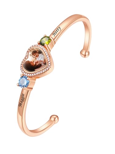 FindChic Customized Photo Bracelets for Women Heart Charm Bangle/Leather Band Stainless Steel/18K Gold Plated/Black Adjustable Personalized Bracelets, with Gift Box