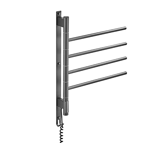 Toallero eléctrico calefactable de Pared con rotación de 180°, Control de Temperatura, Temporizador Integrado, 4 Barras, Acero Inoxidable, 520 x 728 mm, 55 W, Gris, enchufable.