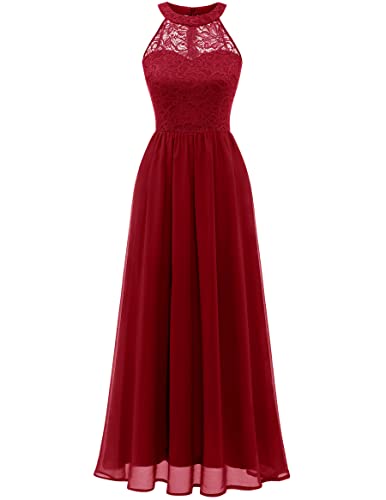 Wedtrend Damen Brautjungfer Kleid Lang Chiffon Abendkleid Party Cocktailkleid Neckholder Ballkleider Damen Lang Dunkelrot WT0201 DarkRed M