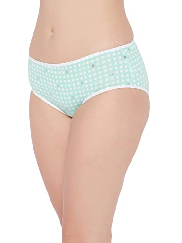 Image of Clovia Women's Cotton Mid Waist Polka Dot Hipster Panty with Lace Insert in Green