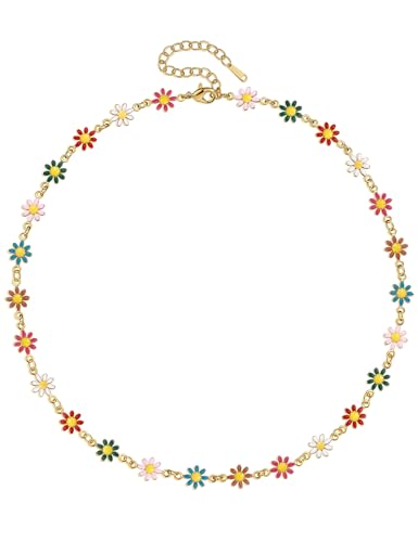 Cute Flower Necklace for Women 18K Gold Plated Dainty Daisy Flower Pearl Choker Necklace for Women
