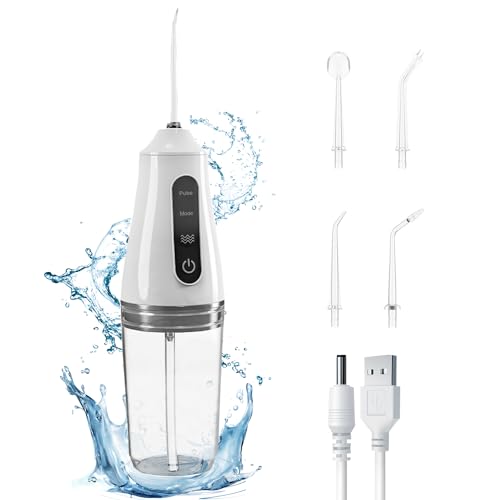 Portable Water Dental Flosser with 4 Jet Tip, 3 Mode Cordless Rechargeable Teeth Cleaner, Powerful Waterproof Dental Floss for Home Travel